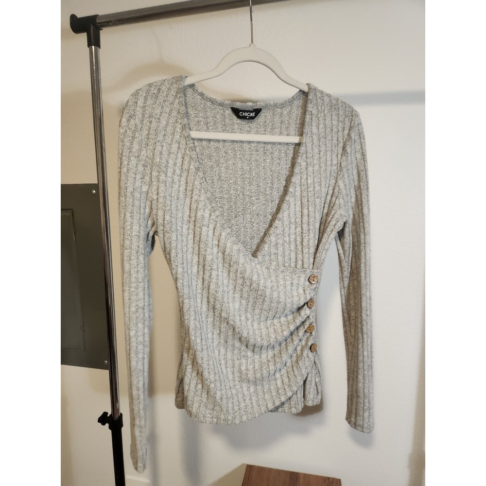 ChicMe Gray Ribbed Knit Wrap Top Long Sleeve Button Detail Soft Casual